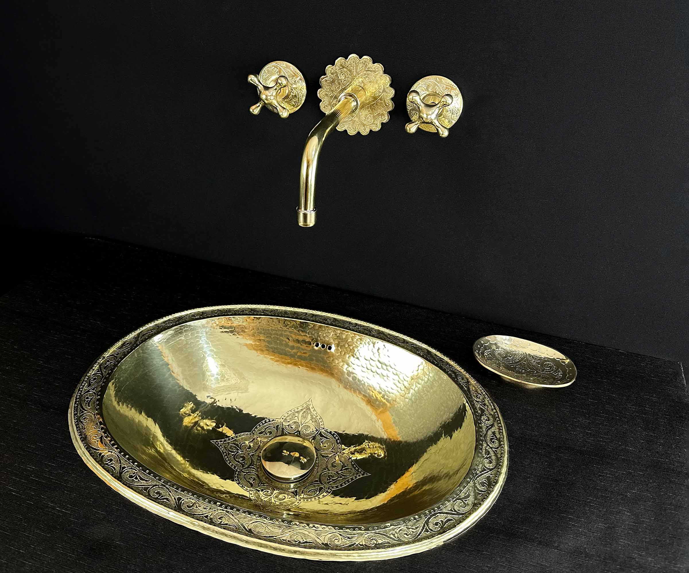 Handcrafted Brass Wall Faucet with Engraved Faceplate for Kitchen and Bathroom
